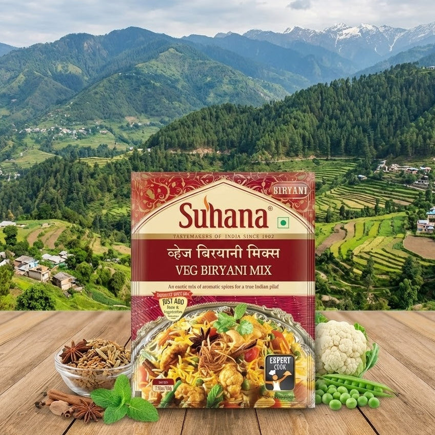Suhana Veg Biryani Mix packaging with a scenic mountain background