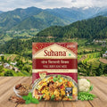 Suhana Veg Biryani Mix packaging with a scenic mountain background