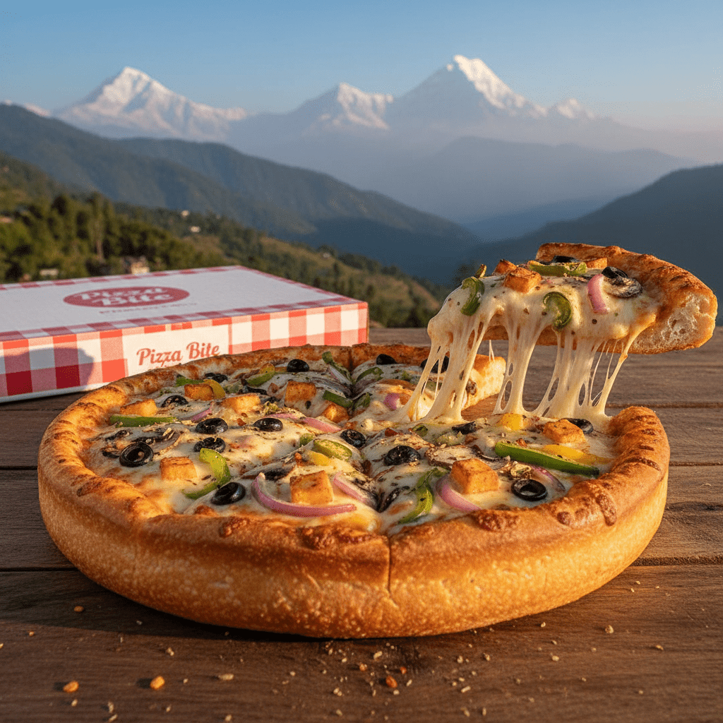 Pizza with a mountainous landscape in the background