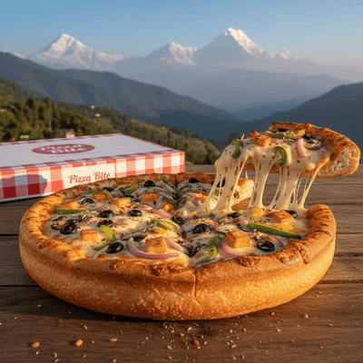 Pizza with a mountainous landscape in the background