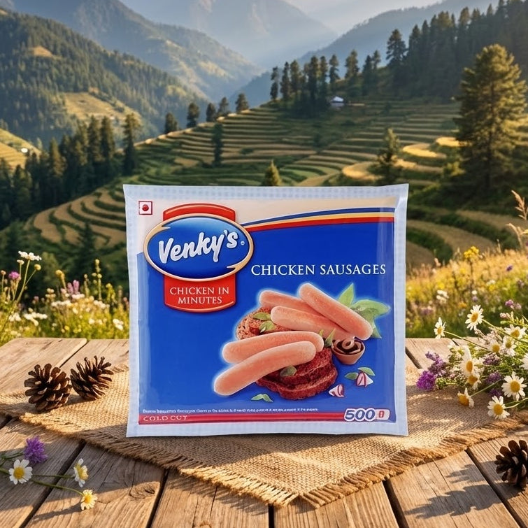 Venky's Chicken Sausages package on a wooden table with a mountainous landscape in the background