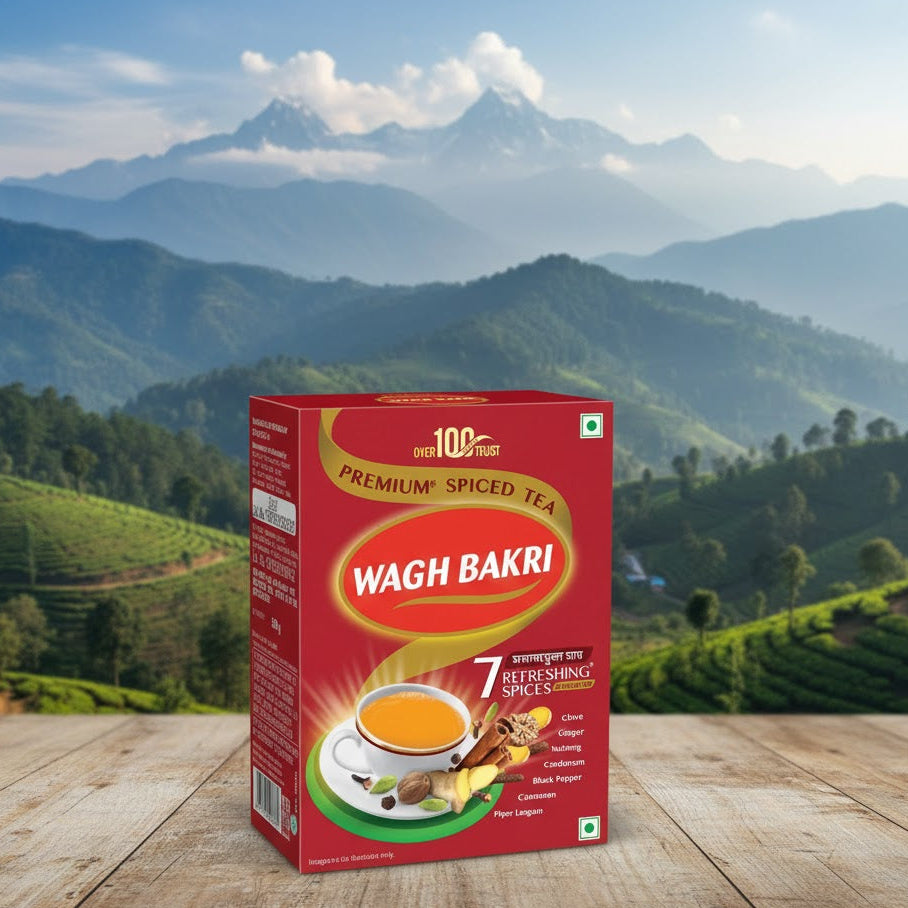 Wagh Bakri tea box on a wooden surface with a scenic mountain background