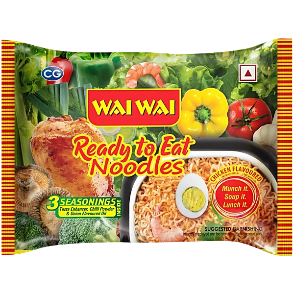 Wai Wai ready-to-eat noodles packaging with vegetables and chicken flavor label.