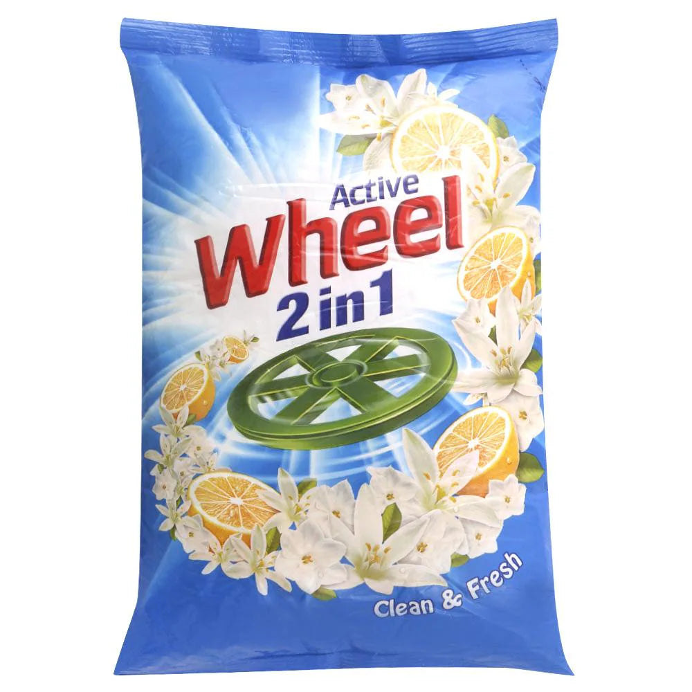 Wheel Active 2in1 detergent packet with lemon and flower design on a blue background