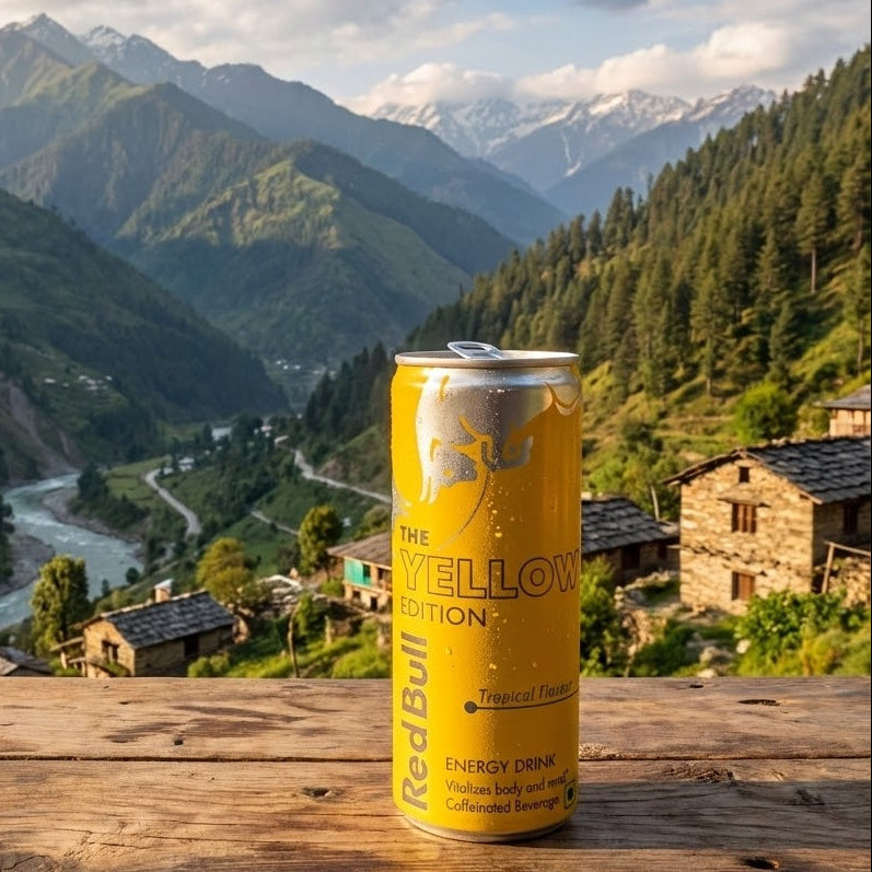 Red Bull can on a wooden surface with a scenic mountain landscape in the background