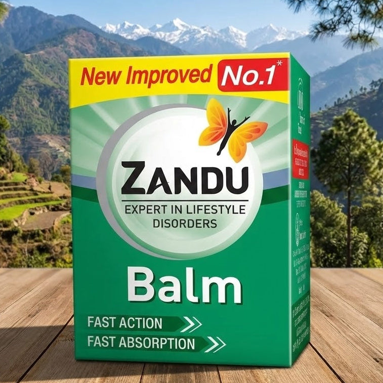 Zandu Balm box with a scenic mountain background